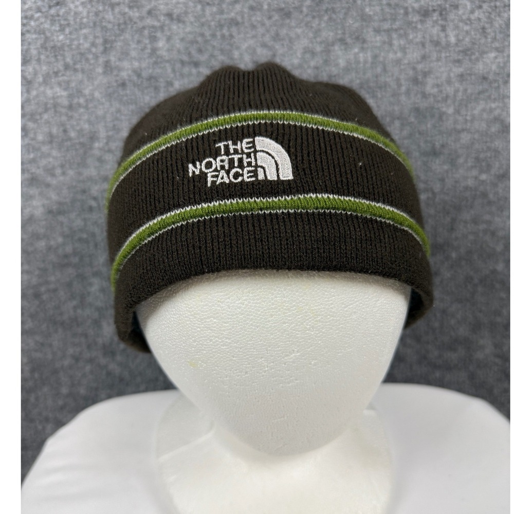 The North Face Men Brown Green Striped Fleece Lined Knit Beanie Hat Gorpcore EUC